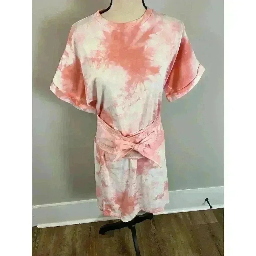 Rebecca Minkoff Tie Dye Pink T-Shirt Beach Dress With Belt Bow Rolled Sleeves XS - Picture 1 of 12